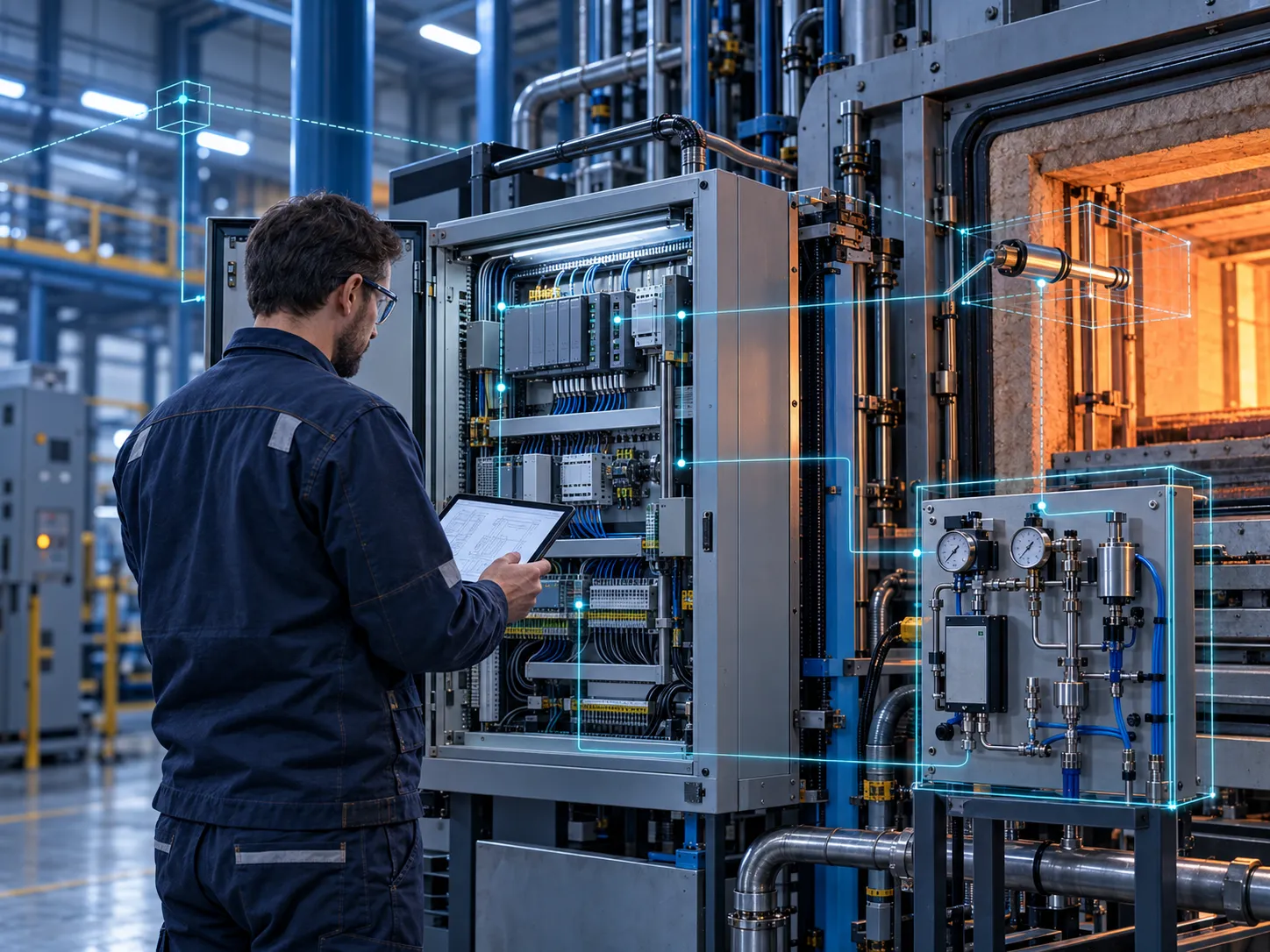Inżynier z tabletem przy otwartej szafie sterowniczej pieca, obok panel gazowy z manometrami