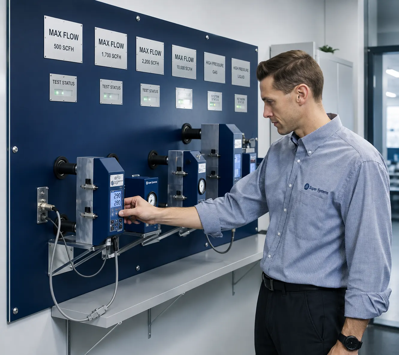 Ein SSi-Ingenieur bedient ein eFlo-Durchflussmesserpanel in der Produktionshalle