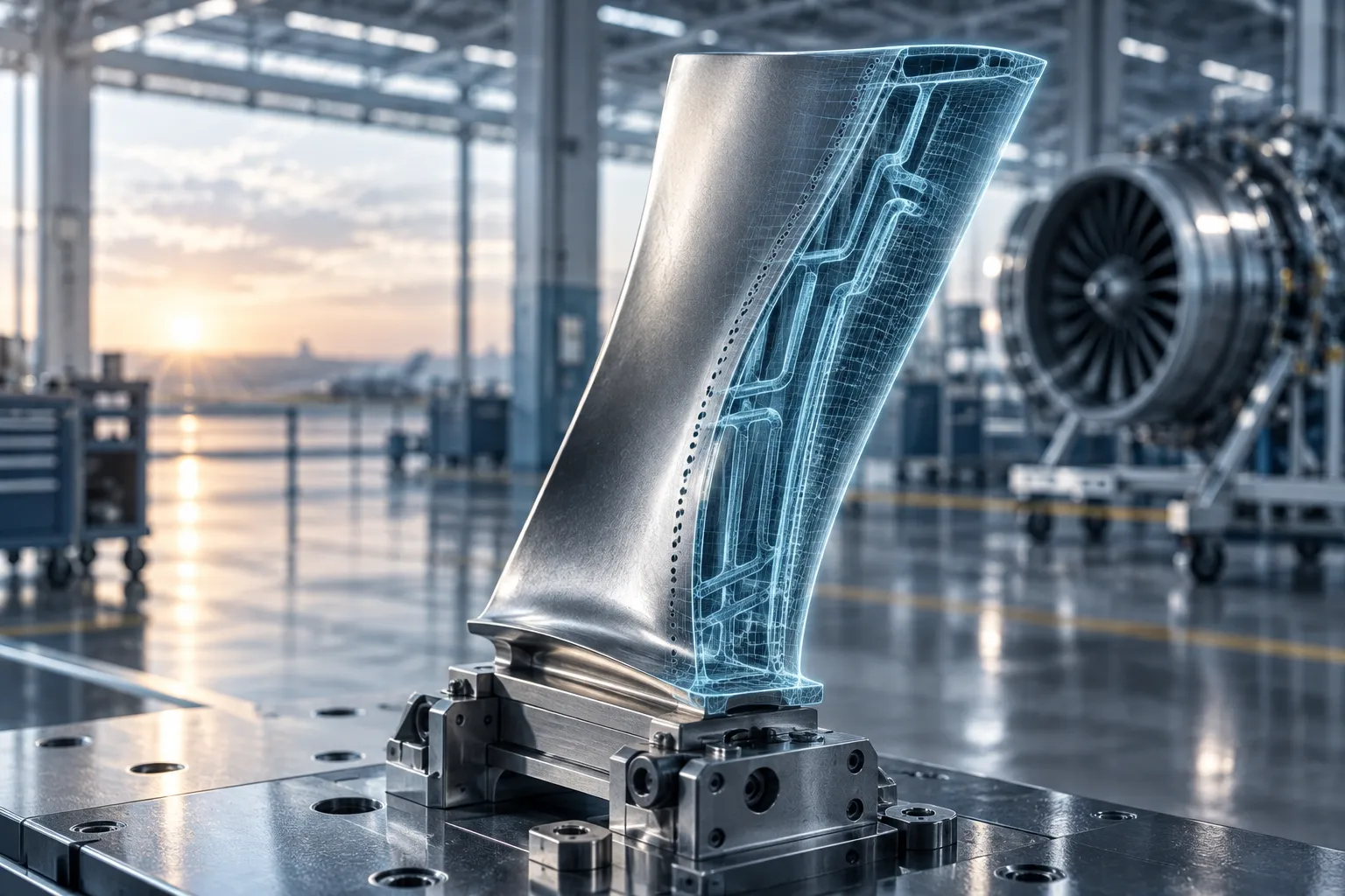 A turbine blade with the cooling channels exposed, an aero engine in a hall in the background