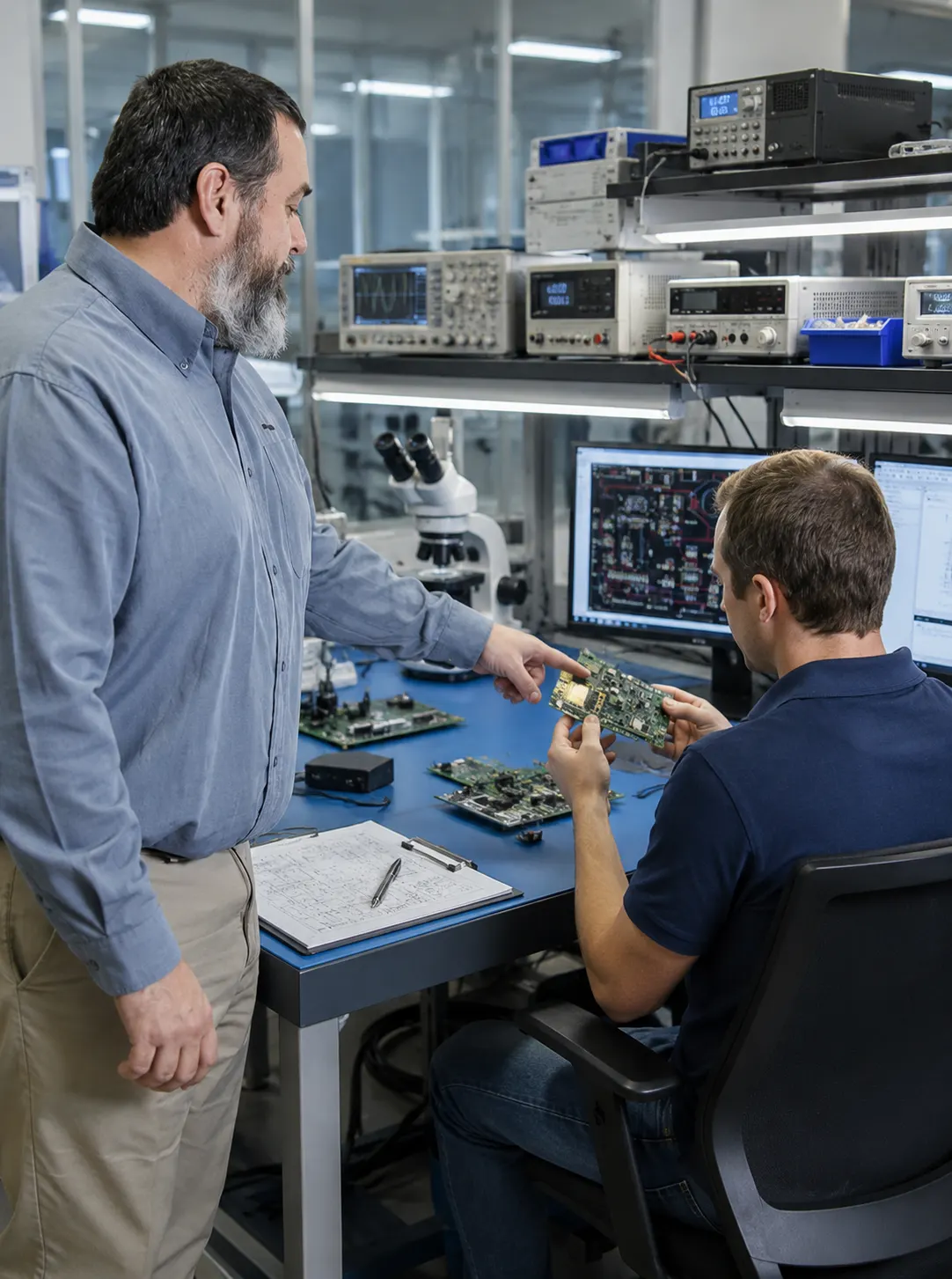 Two engineers examining an electronics board in the calibration laboratory