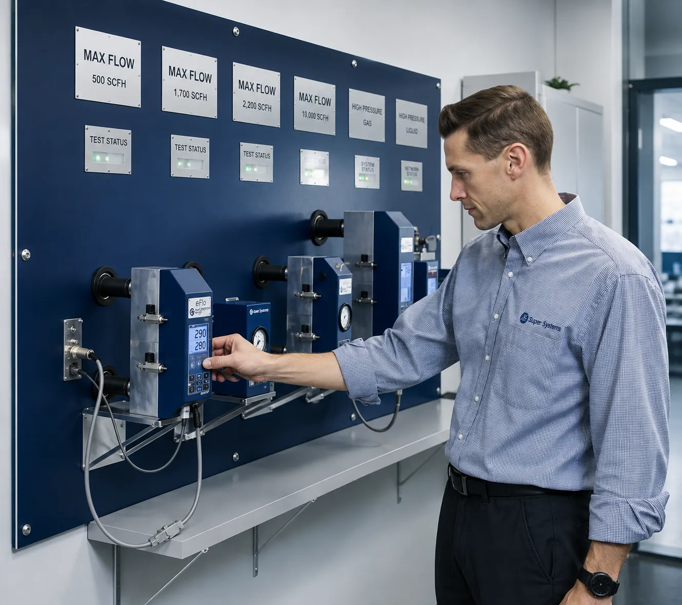 An SSi engineer at a test bench for heat treatment instrumentation