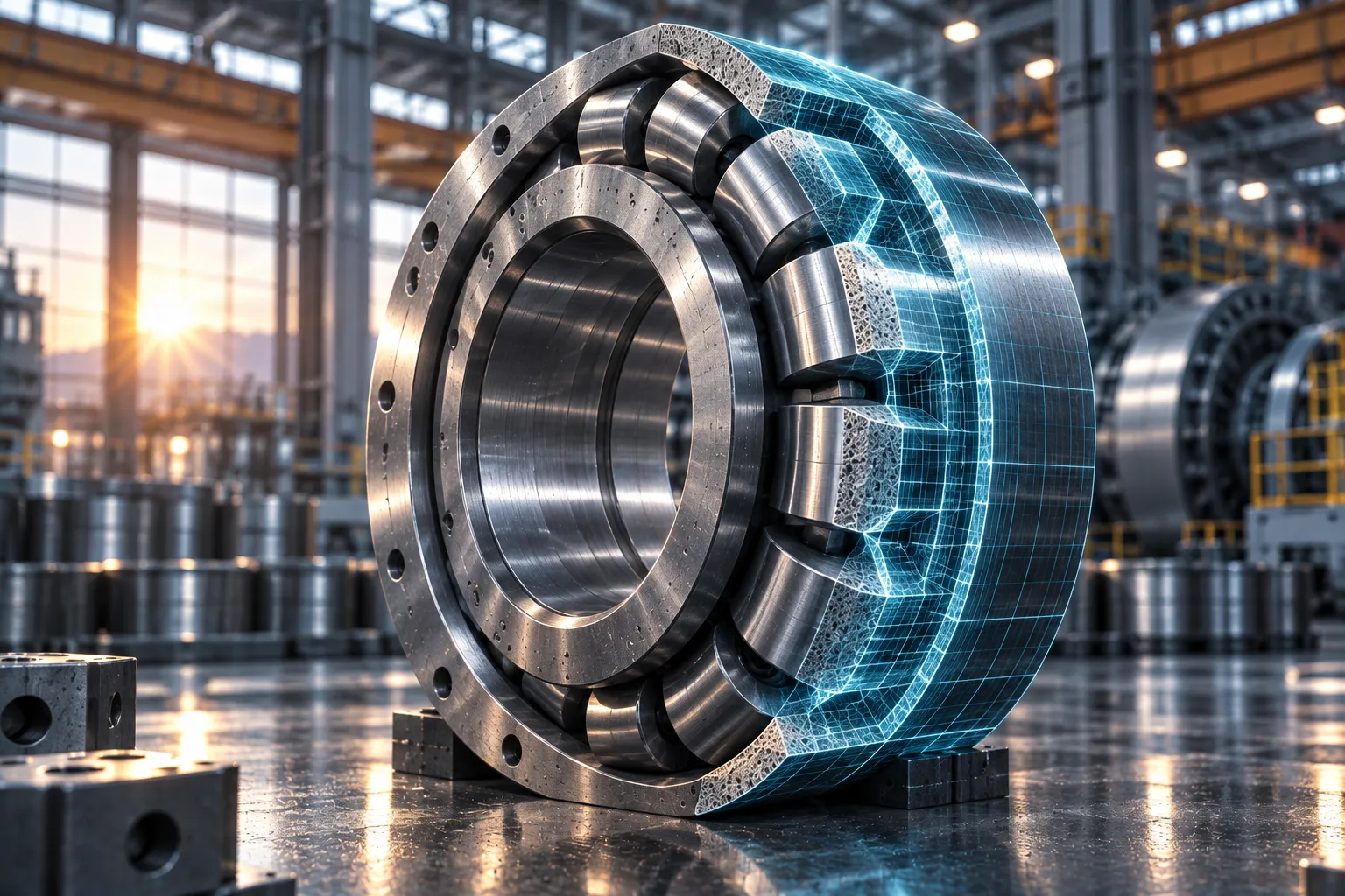 A large rolling bearing in section, a hall with an overhead crane in the background